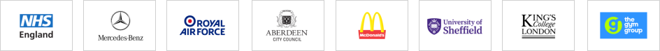 Client logos including NHS England, Mercedes-Benz, Royal Air Force, Aberdeen Council, McDonald's, University of Sheffield, King's College London and the Gym Group